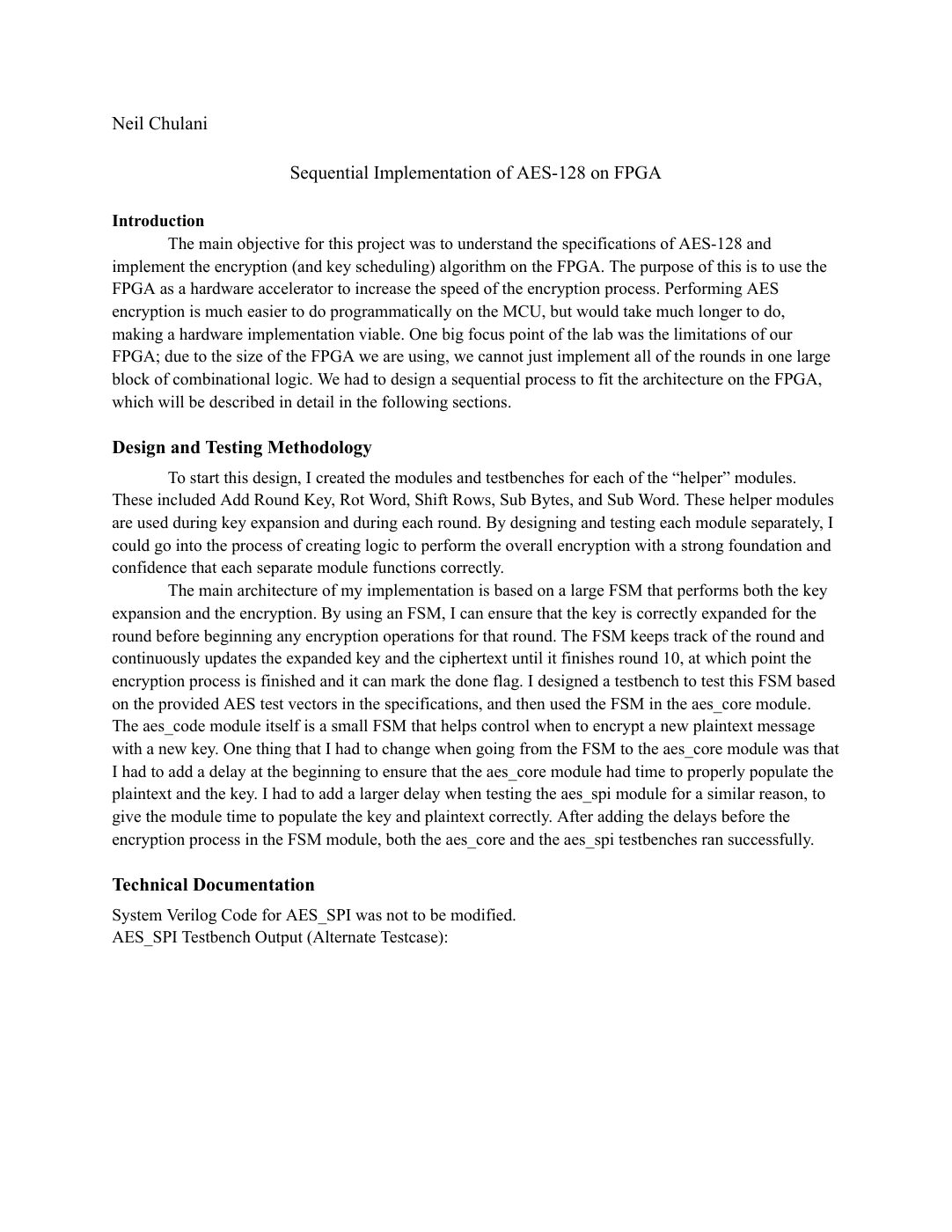First page of the AES-128 hardware accelerator report